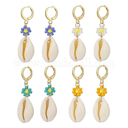 4 paire de cauris naturels de 4 couleurs avec ensemble de boucles d'oreilles pendantes en forme de fleur de graine de verre, bijoux en fil de laiton doré pour femme, couleur mixte, 44mm, pin: 0.8 mm, 1 paire / couleur