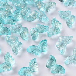 透明なスプレー塗装ガラスビーズ  グリッターパウダー付き  蝶  ミディアムターコイズ  8x15x4.5mm  穴：1mm