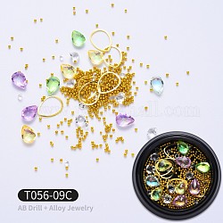 Pointed Back Resin Rhinestone Cabochons, with Alloy Findings, Nail Art Decoration Accessories, Teardrop, Golden, Colorful, 1~10x1~8x1~3mm, Box: 40x13.5mm