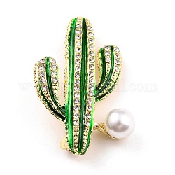 Broche en alliage de cactus avec perle en résine, épinglette en strass exquise pour fille femme, or, verte, 40x26x9.5mm, pin: 0.8 mm