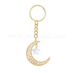 Porte-clés lune creuse en acier inoxydable, avec anneau porte-clés en fer et pendentif étoile en verre, or, 9.4 cm