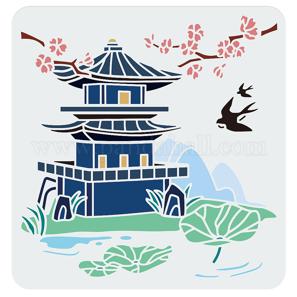 Shop FINGERINSPIRE Oriental Pagoda Stencil 30x30cm Ancient Tower ...