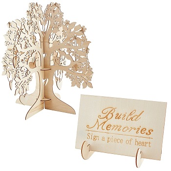 Wooden 3D Wedding Wishing Tree Resistration Card Heart-Shaped Decoration, Wooden Wish Tree as Wedding Guest Book, BurlyWood, 310x340mm