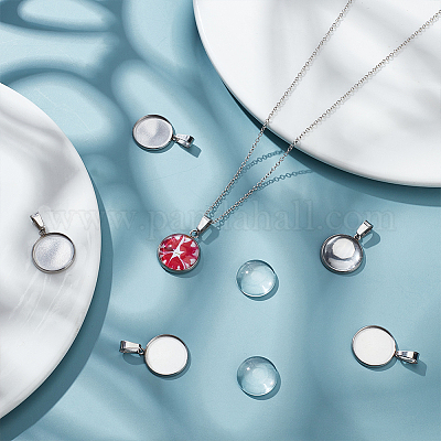 UNICRAFTALE 100set Cabochon In Acciaio Inossidabile Connettori Impostazioni Con Cabochon In Vetro Trasparente Piatti Tondi Piatti Pendenti Vassoi 14mm Doppio Anello Orecchini Per Creazione Di Gioielli