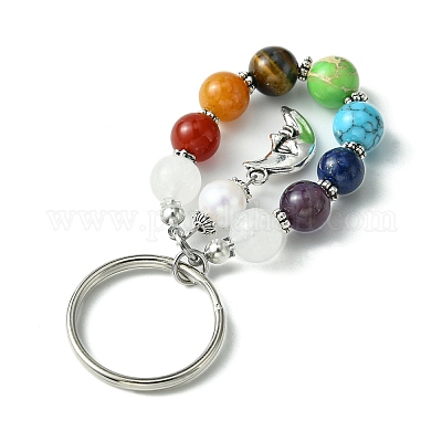 7 Chakra Gemstone Bead Pendant Keychain with Tibetan Style Alloy Charm, for  Car Key Bag Ornament, Moon, 7.7cm