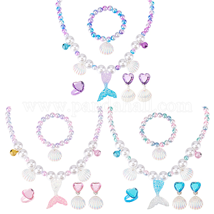 ANATTASOUL 3 Sets 3 Colors Plastic Shell & Alloy Bell Pendant Necklace & Bracelet & Dangle Stud Earrings & Open Cuff Ring SJEW-AN0001-34-1