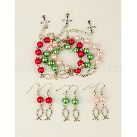 Bijoux de perles en verre fixe pour le chrétien: bracelets et boucles d'oreilles SJEW-JS00437-1