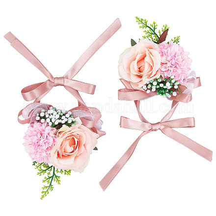 クラスパイア2ピースシルク手首コサージュ  プラスチック製の模造花付き  結婚式のための  パーティーの装飾  ピンク  350mm AJEW-CP0001-51D-1