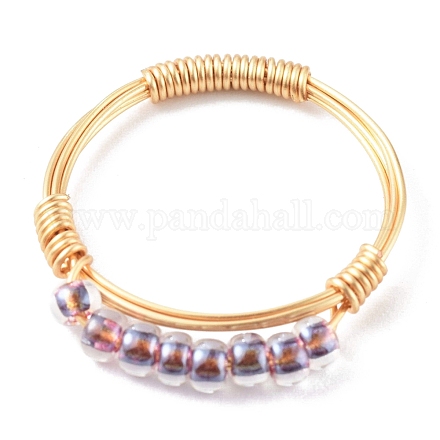 調節可能なガラスシードビーズフィンガー指輪  18KGP本金メッキ銅線  パープル  サイズ7  17mm RJEW-JR00350-03-1