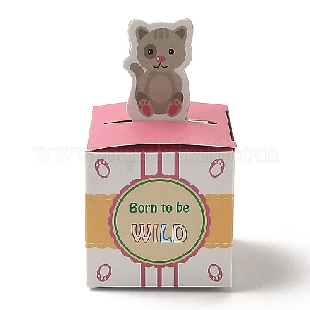 紙ギフトボックス  折りたたみキャンディーボックス  結婚式のための装飾的なギフトボックス  猫柄の正方形  猫の模様  折りたたみ：5x5x8.5cm  展開：14.5x10x0.1cm CON-I009-07A-1