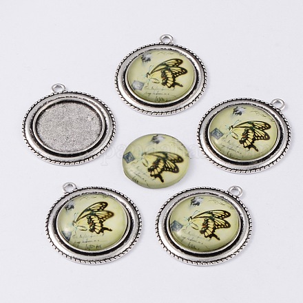 Antique Silver Alloy Pendant Cabochon Bezel Settings and Butterfly Printed Glass Cabochons TIBEP-X0174-13-1