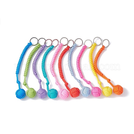 Polyester & Spandex Cord Ropes Braided Wood Ball Keychain KEYC-JKC00588-1