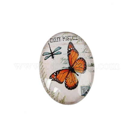 Cabochons ovales en verre imprimé de papillon X-GGLA-N003-20x30-C49-1
