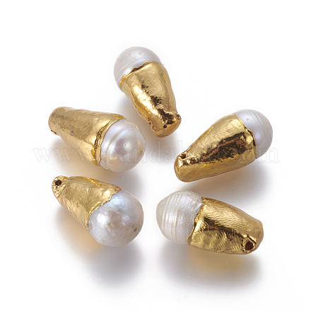 天然な培養された淡水パールビーズ  真鍮パーツ  ティアドロップ  ホワイト  ゴールドカラー  23.5~24.5x11.5~12.5mm  穴：1mm PEAR-F011-50G-1