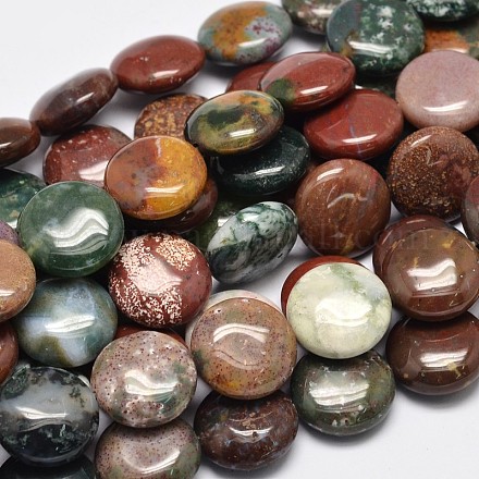 Flat Round Natural Indian Agate Bead Strands G-M257-14mm-03-1
