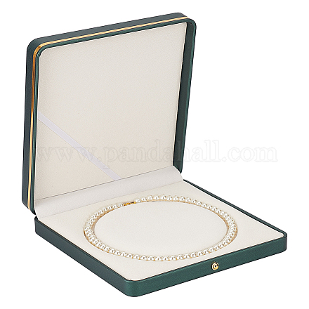 FINGERINSPIRE 19 cm Square PU Leather Pearl Necklace Box Velvet PU Leather Necklace Box Jewelry Storage Gift Case Dark Green Wedding Jewelry Organizer Display Case for Pendant LBOX-WH0002-06A-1