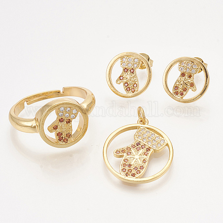 Ciondoli in ottone con zirconi cubici e orecchini a bottone e anelli regolabili set di gioielli SJEW-S043-06-1
