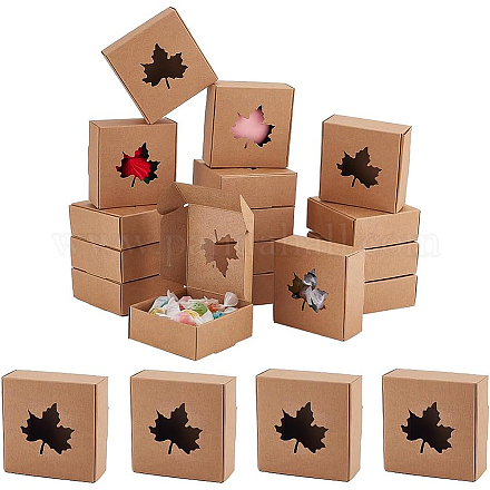 BENECREAT 34 Packs 6.5x6.5x3.1cm Brown Kraft Paper Gift Boxes with Heart Hole Windows for Wrapping Gift CON-WH0086-19-1