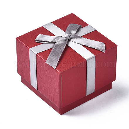 厚紙のジュエリーボックス  リング包装用  ちょう結びの正方形  暗赤色  6.6x6.6x5.2cm CBOX-S022-002A-1