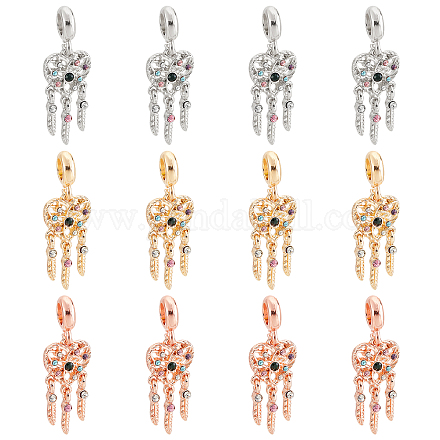 SUPERFINDINGS 12Pcs 3 Colors Alloy European Dangle Charms Dreamcatcher with Feather Charms with Colorful Rhinestone Rack Plating Dangle Charms for Jewelry Making MPDL-FH0001-05-1