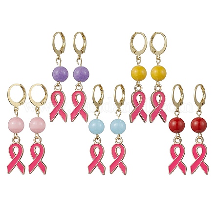 Pendientes de palanca de esmalte de aleación con cinta de concientización rosa sobre el cáncer de mama de octubre EJEW-JE05668-1