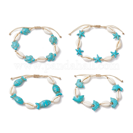 Bracelets de cheville en coquillages naturels et perles synthétiques tressées turquoise AJEW-AN00562-1
