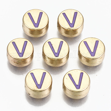 合金エナメルビーズ  カドミウムフリー＆鉛フリー  頭文字が付いたフラットラウンド  ライトゴールド  紫色のメディア  文字.v  8x4mm  穴：1.5mm X-ENAM-S122-029V-RS-1