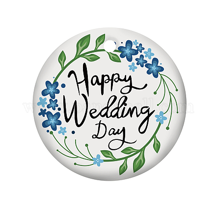 手作りの磁器のペンダント  フラットラウンドワード幸せな結婚式の日  藤紫色  75x2mm PORC-WH0005-019-1
