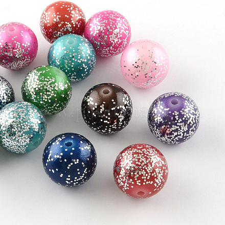 Spray Painted Acrylic Round Beads with Silver Glitter Powder ACRP-S629-20mm-M-1