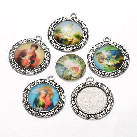 Jesus and Virgin Theme Flat Round Tibetan Style Alloy Pendant Cabochon Setting and Printed Glass Half Round/Dome Cabochons DIY-X0247-AS-1