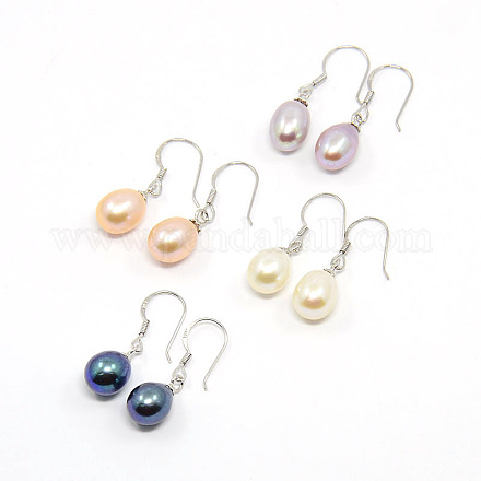 Mothers Day Gifts Elegant Women's 925 Sterling Silver Natural Pearl Oval Ball Dangle Earrings EJEW-M014-M-1