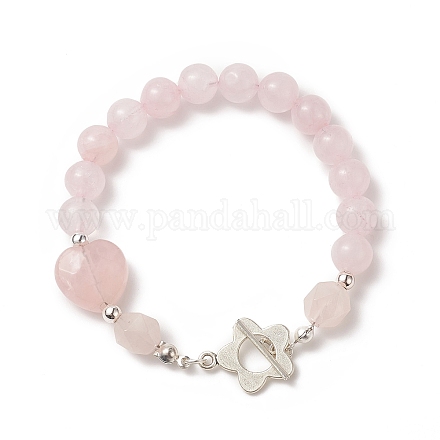 Braccialetto di perline a cuore di quarzo rosa naturale con fermagli a fiore in lega da donna BJEW-TA00248-1