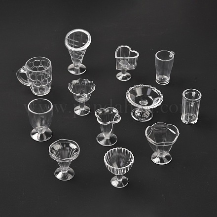 12個透明プラスチックフードプレイカップセット  シミュレーションミニチュアカップ  子供たちの粘土型のおもちゃ  透明  21~31x25~43x29~50mm  穴：1.5mm  12個/セット AJEW-K030-07-1