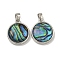Rack Plating Brass Pave Natural Paua Shell Pendants, Flat Round, Platinum, 17.5x15x3.5mm, Hole: 5X2.5mm