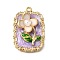 Alloy Enamel Pendants, with ABS Imitation Pearl, Rectangle with Flower Charm, Rack Plating, Long-Lasting Plated, Lead Free & Cadmium Free & Nickel Free, Golden, Plum, 27x19x6mm, Hole: 1.5mm