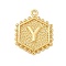 Brass Pendants, Hexagon Letter Charms, Letter Y, 20x16x2.5mm, Hole: 1.5mm