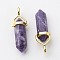 Natural Charoite Pointed Pendants, with Random Alloy Pendant Hexagon Bead Cap Bails, Golden, Bullet, 37~40x12.5x10mm, Hole: 3x4.5mm