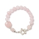 Braccialetto di perline a cuore di quarzo rosa naturale con fermagli a fiore in lega da donna BJEW-TA00248-1