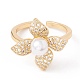 Clear Cubic Zirconia Flower Open Cuff Ring with Acrylic Pearl KK-E005-04G-2