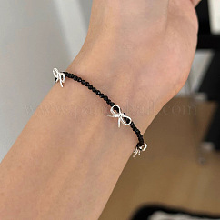 925 Schleifenarmband aus Sterlingsilber und natürlichem Obsidian für Damen, Schwarz