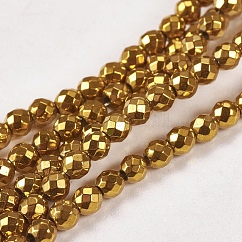 Chapelets de perles en hématite synthétique sans magnétiques, facette, ronde, Grade a, plaqué or, 3mm, Trou: 1mm, Environ 127 pcs/chapelet, 16 pouce