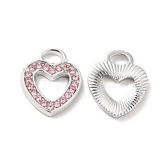 Pandants strass, avec crémaillère en alliage de platine, sans nickel, breloques de coeur creux, padparadscha léger, 13x11x1.5mm, Trou: 2x3.5mm