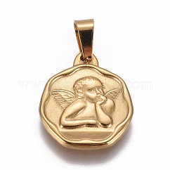 Подвески из нержавеющей стали 304, плоские круглые с ангелом, золотые, 20.5x18x2 мм, отверстие : 4x7 мм