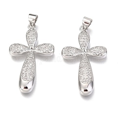 Latón micro pavimenta claro colgantes de circonio cúbico, sin plomo y cadmio, cruz, Platino, 31x19x3mm, agujero: 3 mm