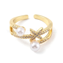 Anello a polsino aperto con stella di zirconia cubica trasparente con perla di plastica con perline&nbsp;RJEW-C058-01G