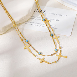 Collares de doble capa con cadena de eslabones cruzados de acero inoxidable 304 para mujer&nbsp;WGC9DBF-01