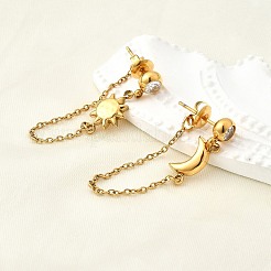 Серьги-гвоздики с кисточками из нержавеющей стали 304 с микропаве из прозрачных кубических цирконий и луной и солнцем&nbsp;EJEW-B140-04G