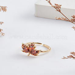 1 шт. открытое кольцо-манжета из коричневого стекла в виде кленового листа с кубическим цирконием&nbsp;RJEW-LP0001-14