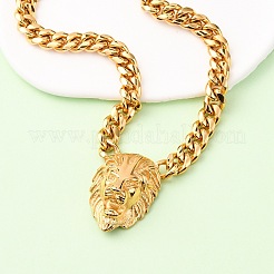 Collane con catena a maglie cubane con ciondolo a forma di testa di leone in acciaio inossidabile 304&nbsp;NJEW-C099-05G
