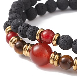 2pcs 2 style roche de lave synthétique et cornaline d'agate rouge naturelle (teinte et chauffée) et ensemble de bracelets extensibles en perles d'oeil de tigre&nbsp;BJEW-JB08698